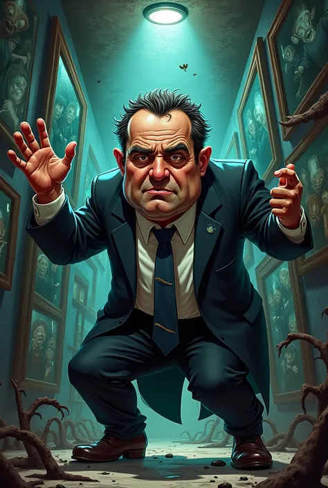 
Cabrera surrounded by distorted mirrors that show him bigger and more powerful, while he checks every corner, sweating with paranoia.  in caricature




