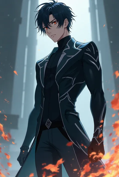 A young man with a tall build and normal body, black hair, His clothes are black with grey lines and his affinity is fog and fire. Anime style and genshin impact
