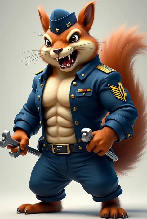 create a muscular, angry, male squirrel wearing a Navy military uniform, with a military rank insignia on the arm, wearing a cap, with an adjustable wrench in his hand