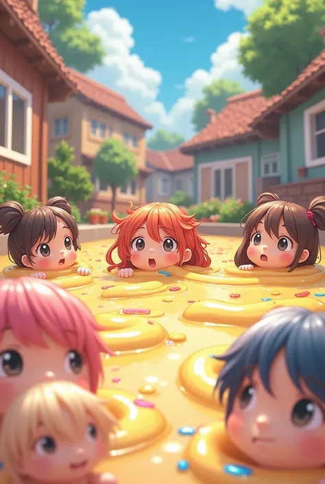 Boys and girls stuck inside a pool full of sticky dough with only their heads sticking out of the sticky dough anime version 