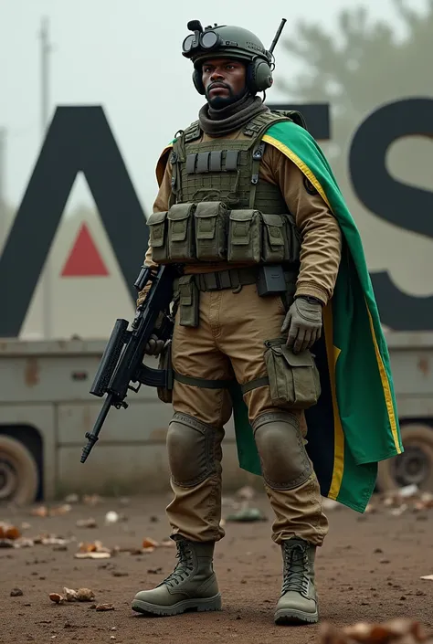 imagood of a soldier wearing fully combat ready for war with Tanzania flag on his shoulders while in front combat written AES SMART TECHNOLOGIES