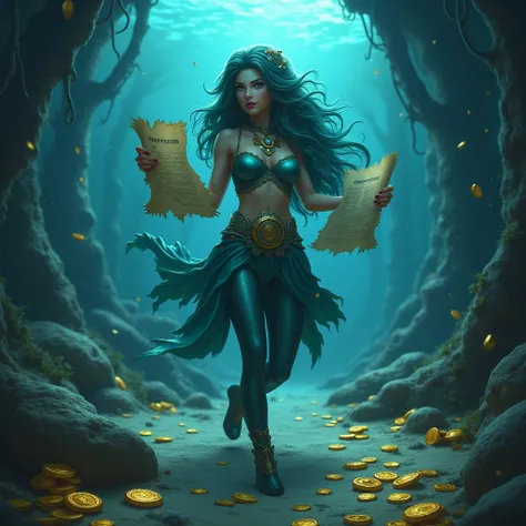 a Siren under deep sea, Siren holds an ancient map and travels through the ruins of the seabed, exploring forgotten treasures. Surrounded by sunken ships and scattered gold coins that have slept for thousands of years, her eyes sparkle with curiosity about...