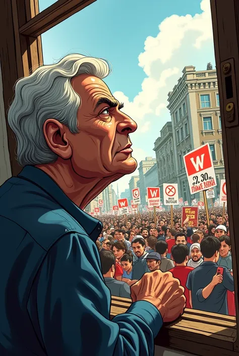 
The people beginning to organize, with banners and marches, while Cabrera watches worriedly from a window. in caricature




