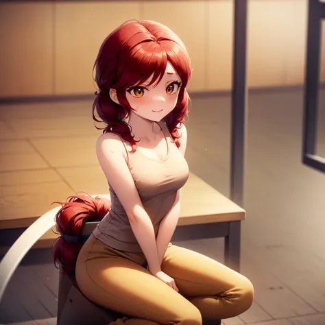 bsjessie , 1girl , happy, red hair, twintails, short twintails, happy expression, sit, sitting, sitting on the floor, both hand ...