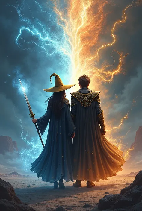 **Idea:** *"A mystical and surreal scene featuring a powerful couple standing together, ready to face their enemies. The woman, with long dark-brown hair, is draped in a flowing dark-blue robe and a dark-yellow mage hat. She holds a magical rod, conjuring ...