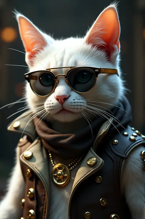 Photorealistic of steampunk mercenary white cat handsome wearing shades wearing steampunk vest  expanded view