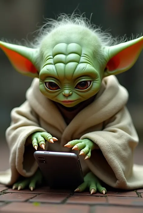 Teen yoda tiping on phone without background