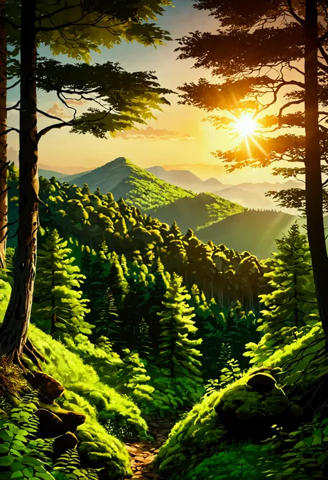 Wallpaper, of a forest mountain with a beautiful sun