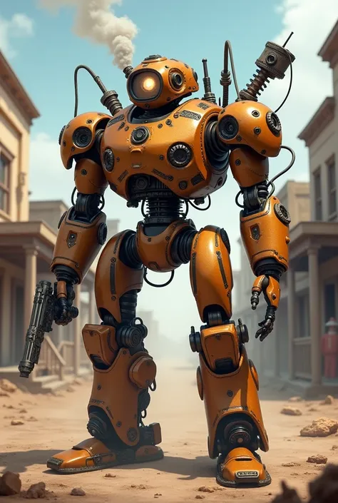 I would like a small utility robot equipped with various weapons and tools to assist and fight against different threats. The robot should be made of bronze, with gears and smoke coming out of it. I would like it to be depicted in a mature style, with the ...