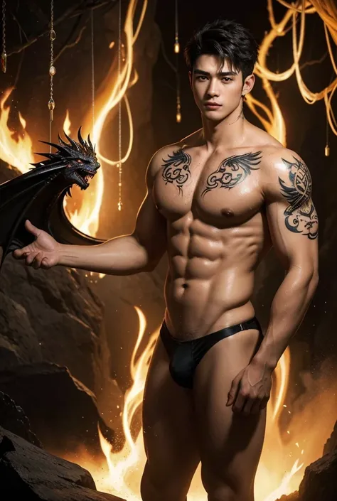 a vast dragons lair hidden deep within a mountain, the walls of the cave are covered in glowing runes, the air is thick with the heat from dragons breath, fire everywhere, a strikingly tall handsome muscular young man, focus on the man, (face:Ja Phachara S...