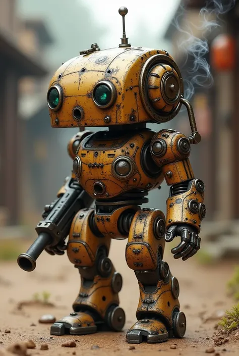 I would like a small utility robot like r2d2 equipped with various weapons and tools to assist and fight against different threats. The robot should be made of bronze, with gears and smoke coming out of it. I would like it to be depicted in a mature style,...