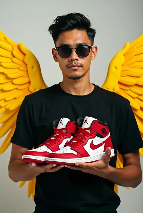 Photographyrealistic young Indonesian coolman face sunglasses. black t-shirt holding red jordan sneakers has yellow wings. point in front of the camera. masterpiece, best quality. Ultra-realistic 8K photograph, shot with a Leica Q2, strong color contrast a...