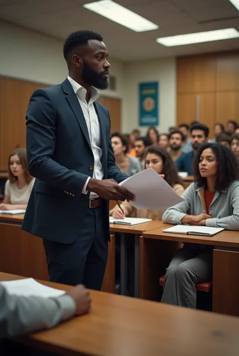 A black lecturer handing out exams materials to students in the hall 