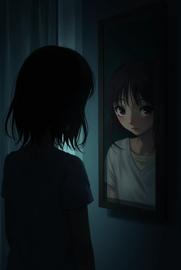 A girl reflecting in a mirror in a dark room with fear