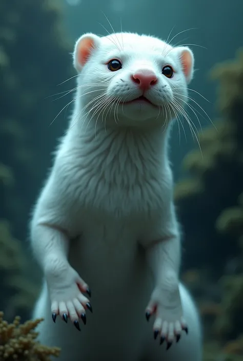 An otter and a shark, fused into a single being, the fur is white