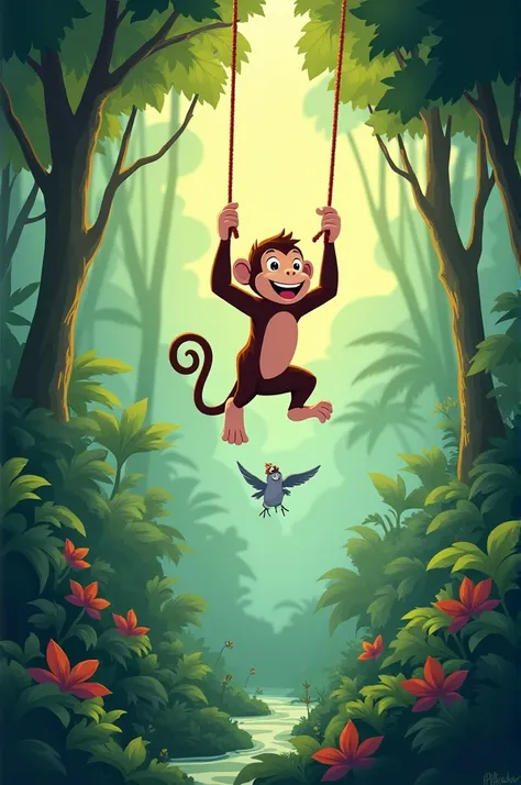 Once upon a time, in a lush and vibrant jungle, there lived a young monkey named Max. Max loved to explore the jungle, swinging from tree to tree and playing with his animal friends.

One day, while wandering through the dense foliage, Max stumbled upon a ...