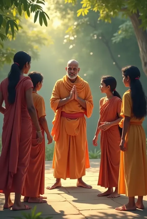 4 little Indian girls are getting self defence training from a Hindu saint wearing saffron dress