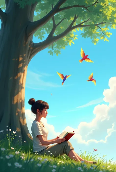 A women sitting under the tree and reading book watching the atmosphere which is clean sky and beautiful birds flying over it 