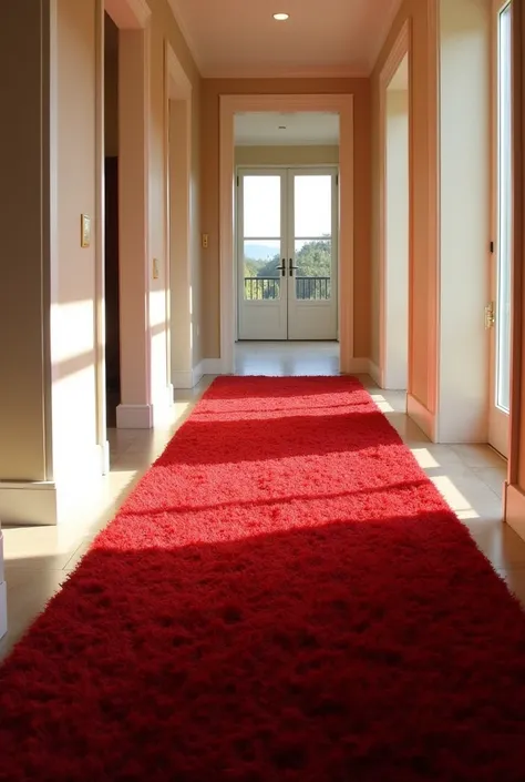 a plush, red and red , high pile area rug runs lengthwise down a narrow hallway with beige walls and a light floor, creating a warm and inviting atmosphere in the space. Natural lighting enhances the texture of the carpet, enhancing its soft and luxurious ...