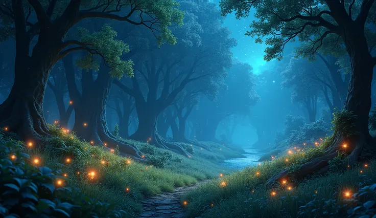 a fantasy cartoon landscape, dark night sky, glowing fireflies, lush greenery, magical atmosphere, (best quality,4k,8k,highres,masterpiece:1.2),ultra-detailed,(realistic,photorealistic,photo-realistic:1.37),hyperrealistic, cinematic lighting, vibrant color...