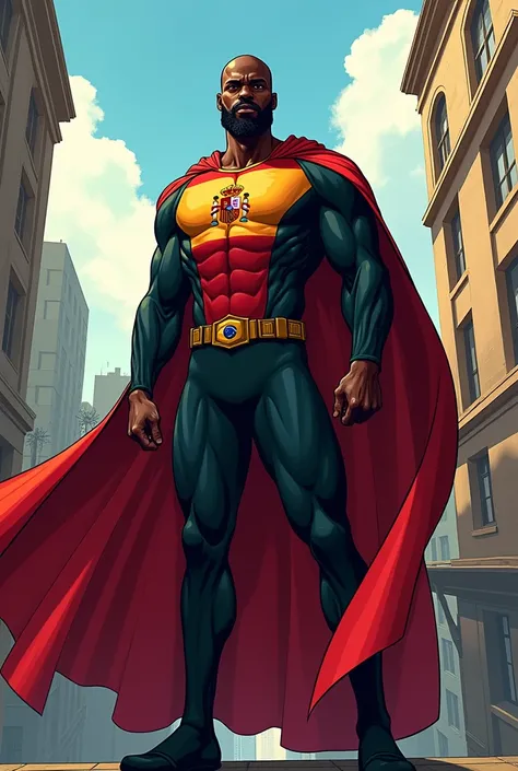 a black superhero, like a superhero, on the shirt the symbol of Spain with a cape, short hair on a balcony of a building with a nearly hairless cartoon-style beard, change and his costume is from Spain. and copy a Brazilian flag