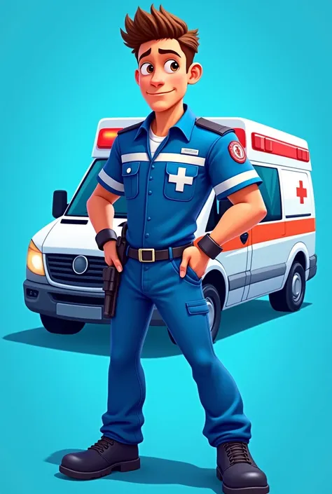 An animated male Paramedic on a blue background with an ambulance 