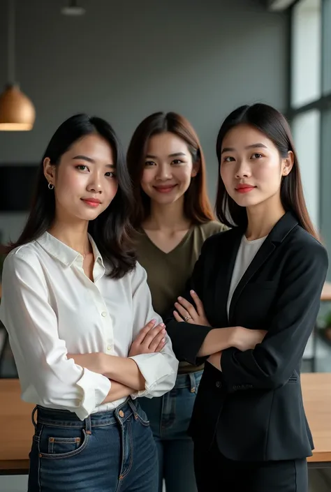 A professional portrait of a 3 Indonesian female programmer. She presents a calm and confident demeanor, dressed in a smart casual outfit with simple yet elegant makeup that enhances her natural features. The background is a modern workspace, highlighting ...