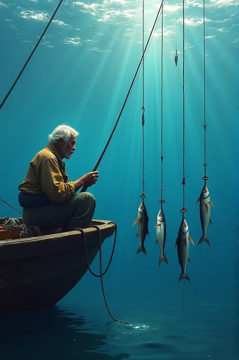 Old man had his baits out and was drifting with the current. One bait was down forty fathoms. The second was at seventy-five and the third and fourth were down in the blue water at one hundred and one hundred and twenty-five fathoms. Each bait hung head do...