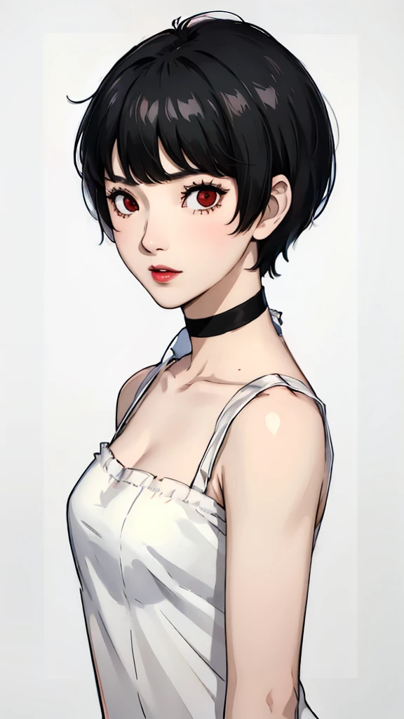 1 girl, black hair, tomboy pixie haircut, bangs, very short hair, red eyes, lipstick, black choker, face portrait, bandeau , whi...