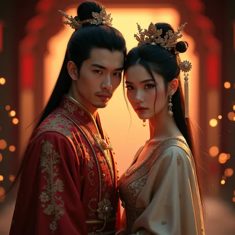 Handsome young chinese male in his royal traditional attire with his beautiful wife, intense, looking at viewer , Backlighting, Sparkle, High Resolution, 