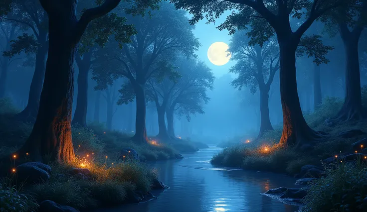 detailed cartoon forest, moonlit night landscape, glowing fireflies, dense foliage, serene creek, towering trees, soft blue hues, warm lighting, mystical atmosphere, peaceful ambience, (best quality,4k,8k,highres,masterpiece:1.2),ultra-detailed,(realistic,...