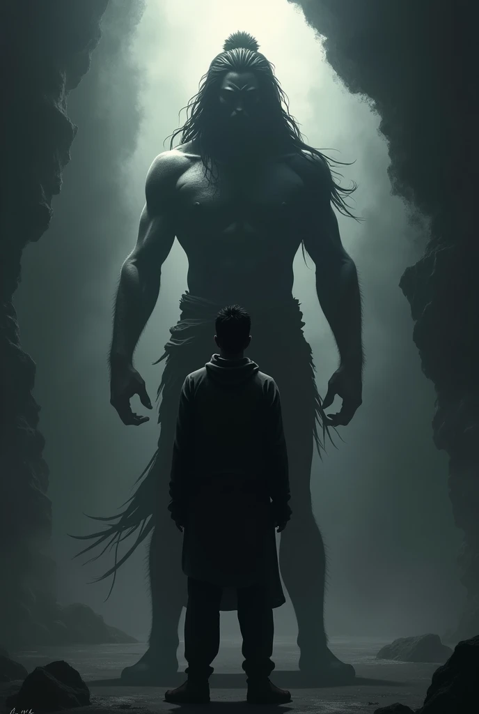 Lord hanuman in a shadow form is standing behind a  normal man as a protector who is also in shadow form and both of them are looking at the same direction 