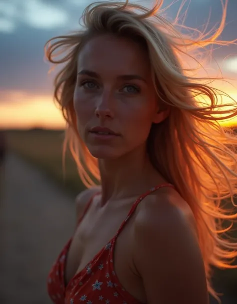 a photograph of a blonde woman with windswept hair, her hair tangled like flames against a twilight sky, emanating untamed beauty