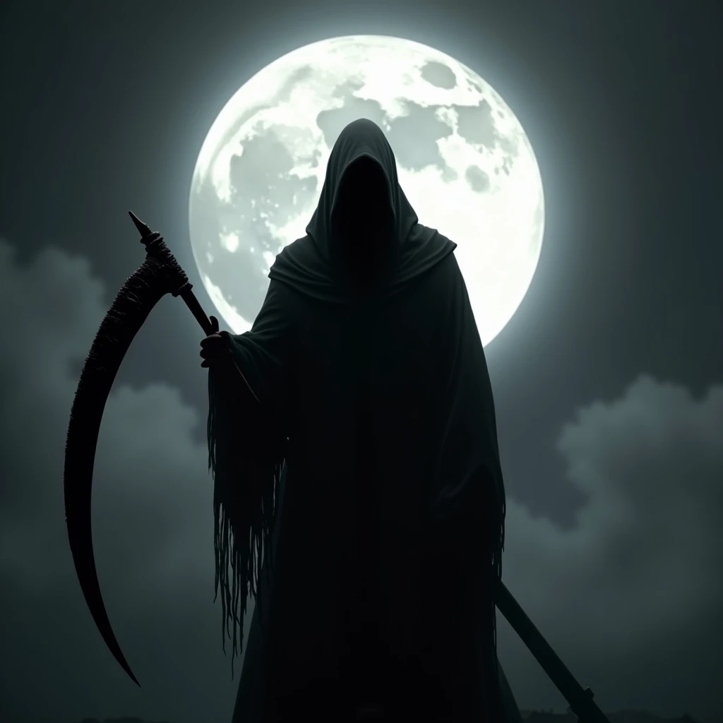 Black Grim Reaper silhoutte with scythe in front of a moon