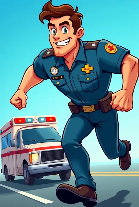 A cartoon male paramedic on a blue gradient background with an ambulance 