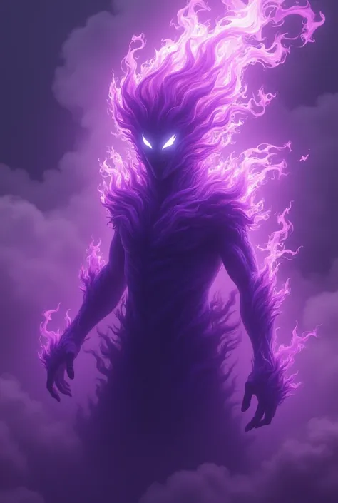 An imposing figure, completely surrounded by purple flames. The body is not visible, because the fire covers everything. The hair consists of wild, blazing flames, that flicker in all directions. The eyes shine intensely white through the fire, and the sea...