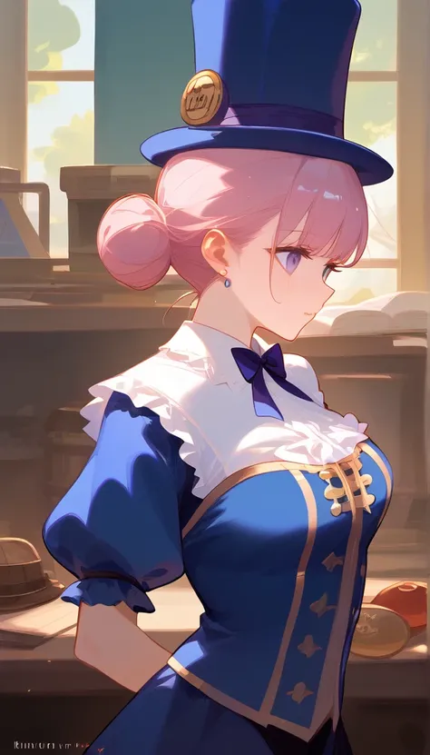 ((Masterpiece, Highest quality)), Detailed face, Beautiful face, Beautiful purple eyes， full bodyesbian, Full of details, working on workshop, mamking a weapon, Highly detailed, Depth, Many parts，Beautiful girl with pink hair，with hair dishevelled，very bun...