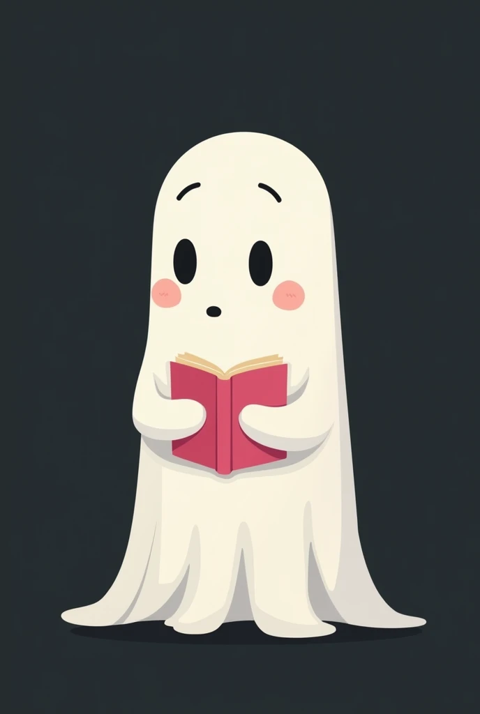 
Show me a very simple, 2D and minimalistic illustration of a ghost on a dark background standing a little to the side. The ghost should have a classic appearance, with a white sheet covering its figure, with two big oval black eyes that look attentive and...