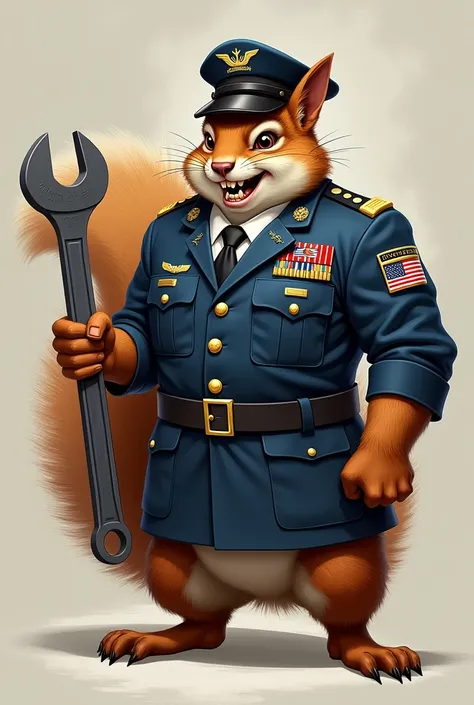 create an art, a squirrel, muscular, angry, male, wearing a Navy military uniform, with a military rank badge on the sergeants arm, with medals on the chest, with a Navy military cap, with an adjustable wrench in his hand