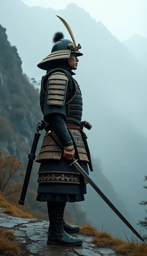 A warrior in traditional samurai armor with intricate designs, standing tall on a misty mountain path, his hand on the hilt of a katana, his expression calm but resolute. (Medium shot, side-angle, morning mist light, stoic and disciplined atmosphere).