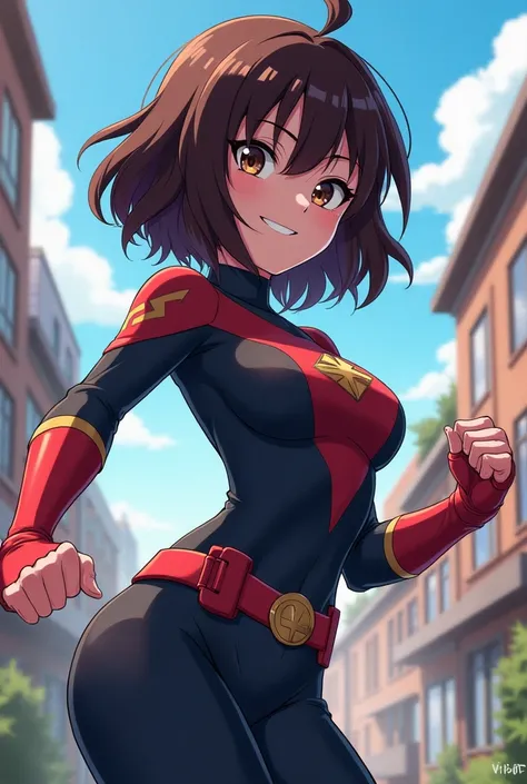 a female character drawn in boku no hero academia style with chocolate colored hair and dark brunette
