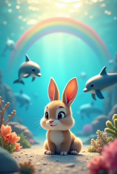 a cute bunny with dolphins in the background and that are in the sea and that there is a rainbow all over the waves