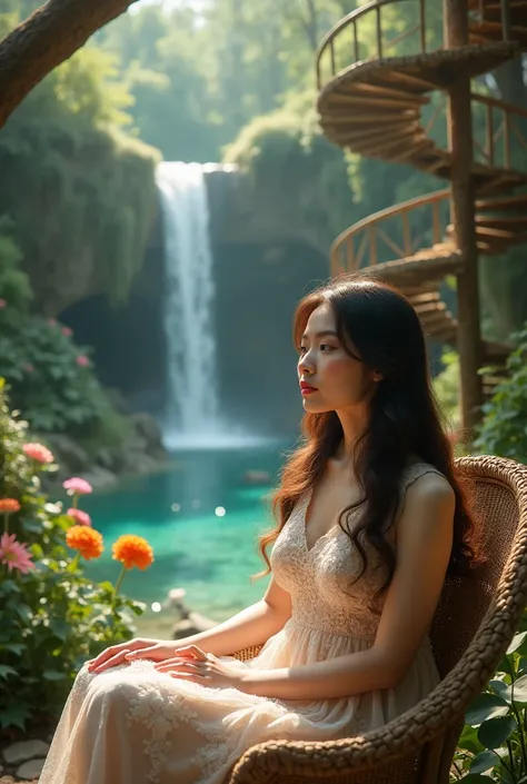 a slighty chubby asian woman with long, wavy brown hair and fair skin, sitting on a wicker chair. She is wearing a delicate, lace dress with floral patterns. The setting is an elaborate, fantasy-like treehouse with a spiral staircase and lush greenery, ill...