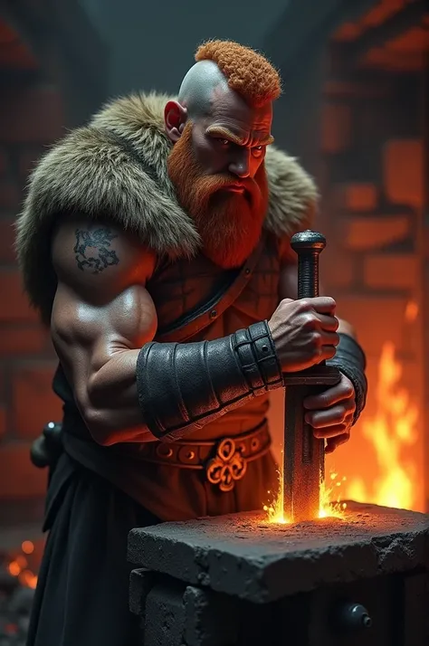 Viking with red beard forging sword