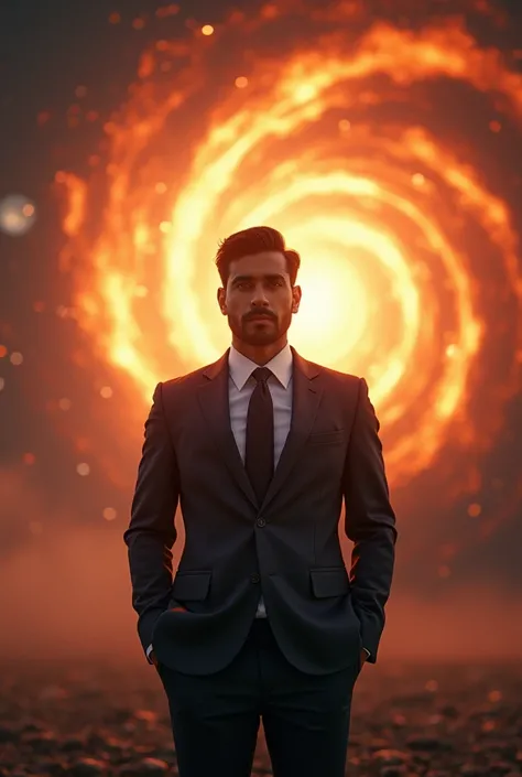 An Indian man without beard   in suit with background of big bang 


