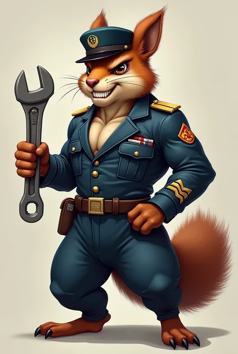 create an art, a squirrel, muscular, angry, male, wearing a Navy military uniform, with a military rank badge on the sergeants arm, with medals on the chest, with a Navy military cap, with an adjustable wrench in his hand