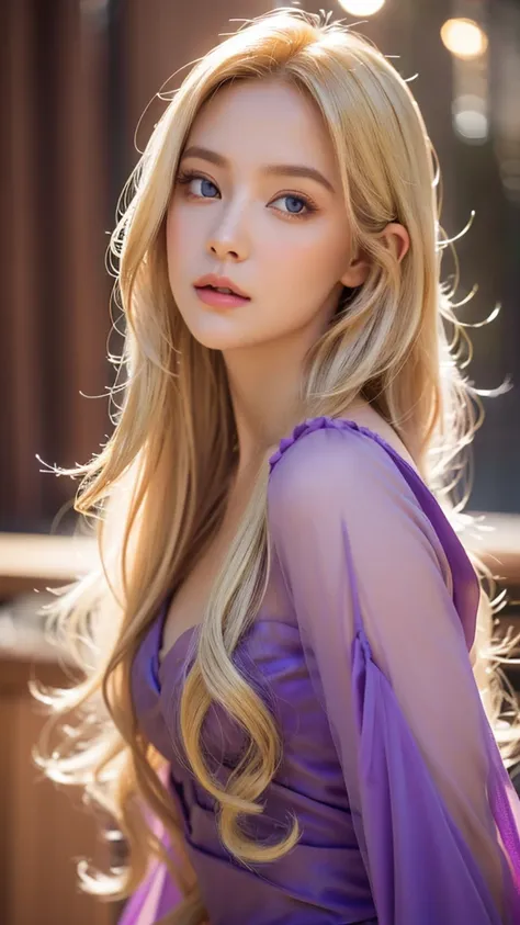 rapunzel,purple gown, blonde hair, facial portrait,girl,beautiful detailed eyes,beautiful detailed lips,extremely detailed face,...