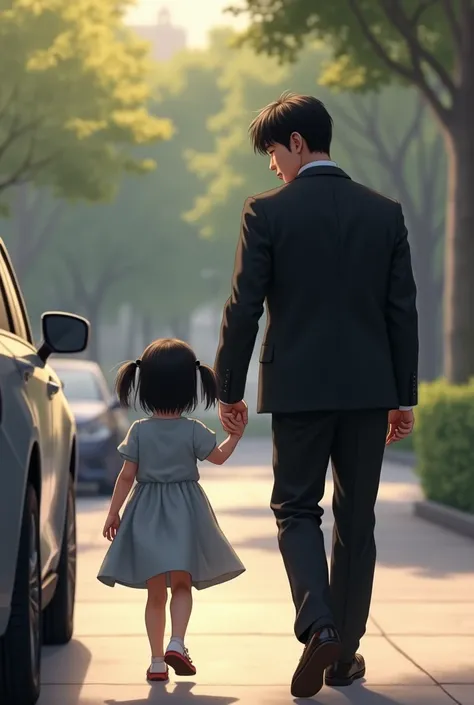 kim taehyung in a black suit holding his little daughter&#39;s hand with straight black hair walks towards the car