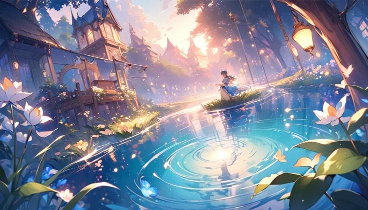 Hovering over a clear, shimmering pond, the cute fairy girl reaches down to touch the water, sending ripples across the surface. The light reflects off the water, casting a magical blue glow. The surroundings are filled with blooming lilies and reeds swayi...