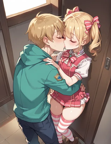 score_9, score_8_above, score_7_ 1 chico, 1 girl,  with her boyfriend hugging (very short striped short dress) kissing (pigtails with bows) thigh high stockings (her blonde boyfriend)